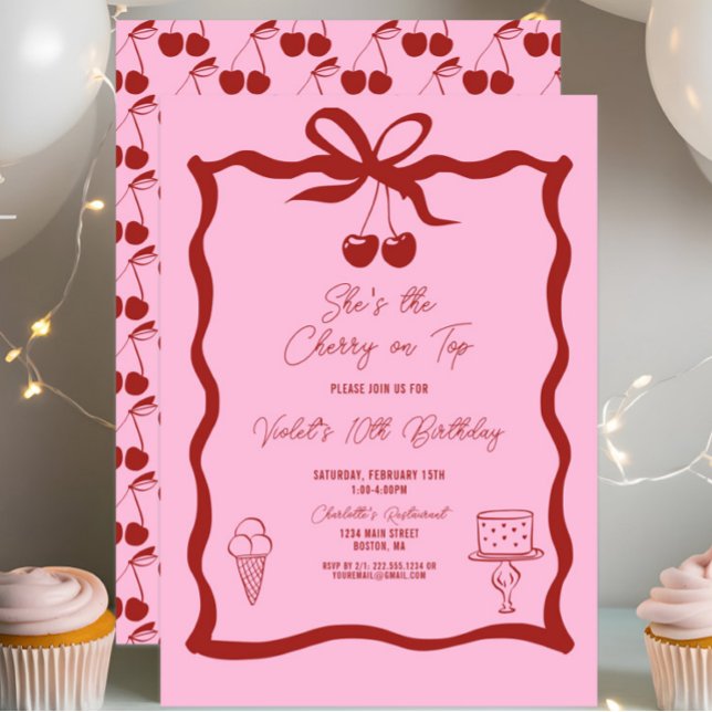 Chic Cherry on Top Bow Rosa and Red Birthday Inbjudningar (She's the Cherry On Top Birthday Invitation, Cherries, Coquette Bow, Red and Pink, Chic Modern)