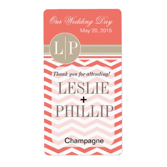 Chic Chevron Monogram | Koral Vin/champagneetikett Fraktsedel (Framsidan)