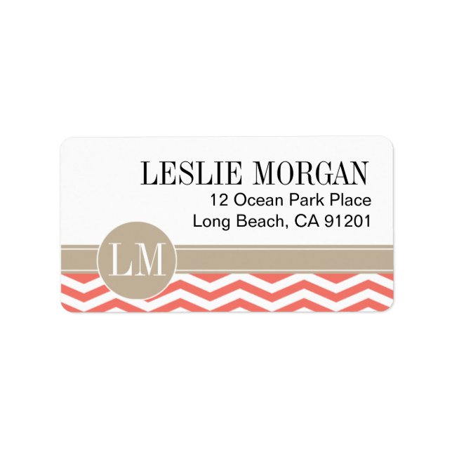 Chic Chevron Monogram | Korall Adressetikett (Framsidan)