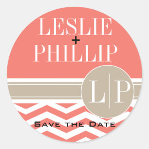 Chic Chevron Monogram Korall Runt Klistermärke