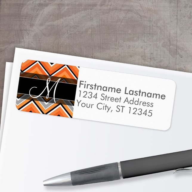 Chic Chevron Mönster Black Grått Orange Monogram Returadress Etikett (Custom Return Address Labels - Low Minimum)