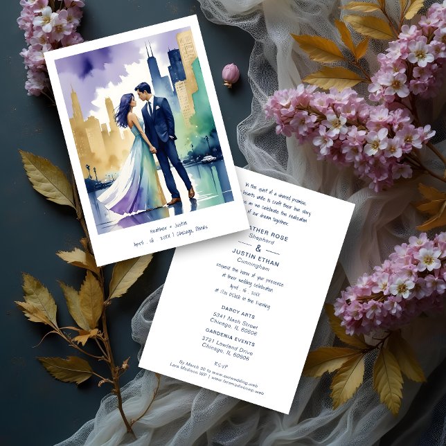 Chic Chicago Iconic Building Colorful Cityscape Inbjudningar (Cute Chicago Iconic Building Colorful Cityscape Wedding Couple Illustration Invitations Cards.)