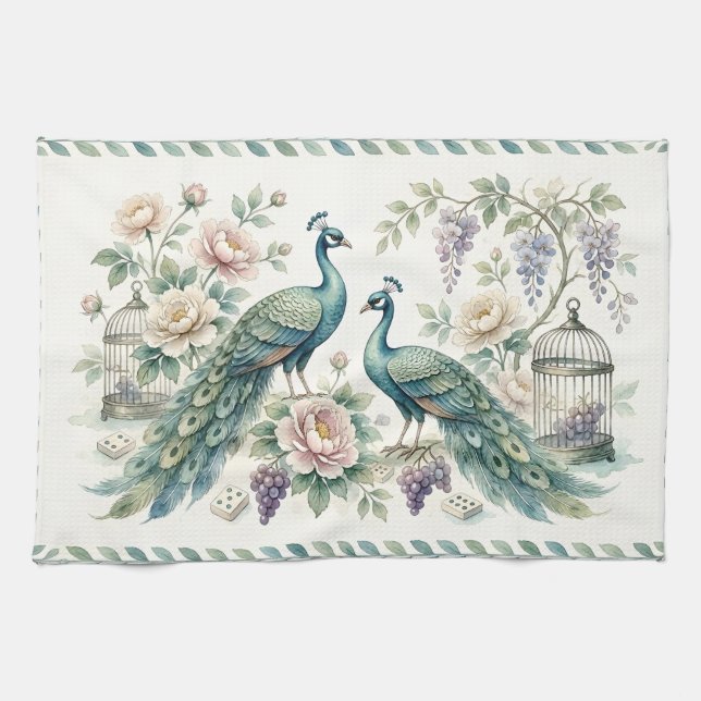 Chic Chinoiserie Påfågel Mahjong Kökshandduk (Horisontell)