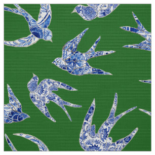 Chic Chinoiserie Sväljer Birds Blommigt Blue Grönt Tyg