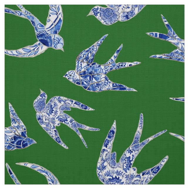 Chic Chinoiserie Sväljer Birds Blommigt Blue Grönt Tyg (Provkarta)
