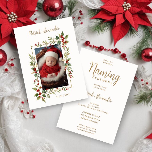 Chic Christmas Botanical Border Naming Ceremony Inbjudningar (Cheerful Christmas Botanical Border with Photo Watercolor Romantic Naming Ceremony Invitation Card.)