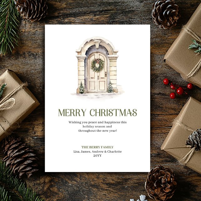 Chic Christmas Door Greeting Card Sage Ivory Gold Julkort (Chic Christmas Ornament Greeting Card Sage Ivory Gold)