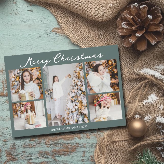 Chic Christmas Family Photo Collage Grey Green Julkort (Skapare uppladdad)