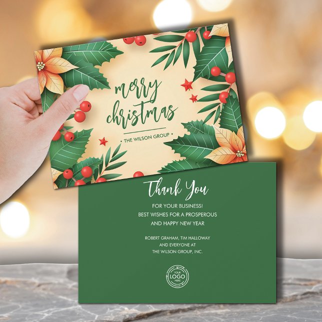 Chic Christmas Poinsettias Business Logo Julkort (Chic Christmas poinsettias business logo flat holiday cards, PRINTED and/or INSTANT DOWNLOAD)