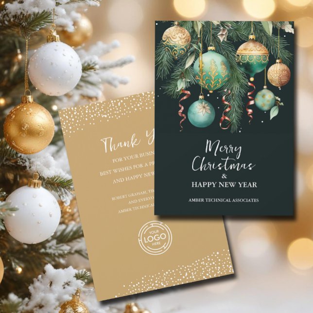 Chic Christmas Tree Ornaments Business Julkort (Tree ornaments Merry Christmas business logo customer thank you holiday cards)