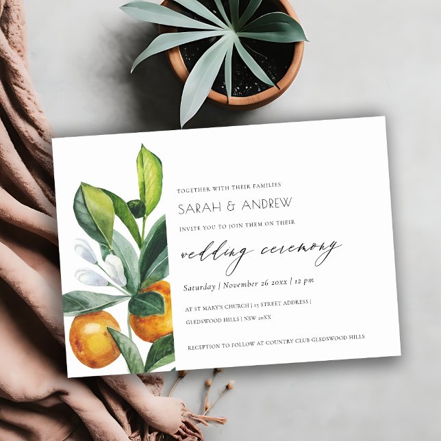 Chic Citrus Orange Botanical Boho bröllopsinbjudan Tack Kort (Skapare uppladdad)