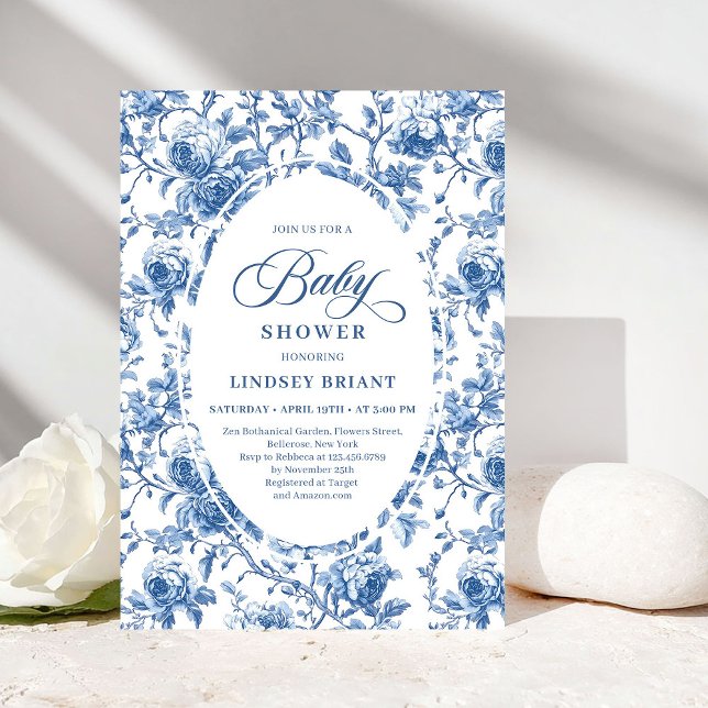 Chic Classic Blue Toile de Jouy Floral Baby Shower Inbjudningar (Classic Blue Toile de Jouy Floral Baby Shower Invite)