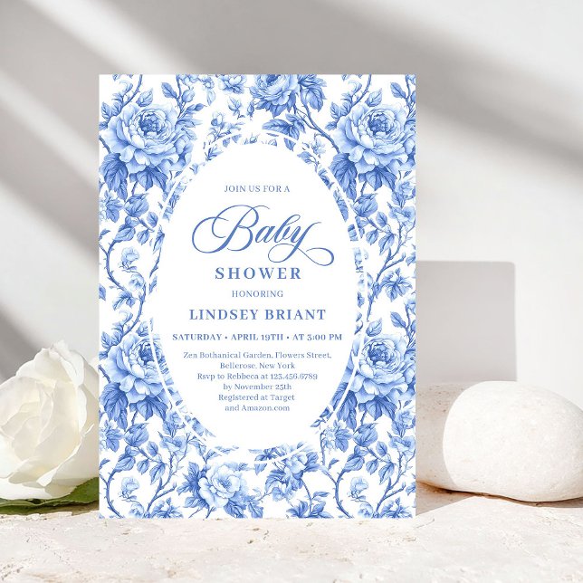 Chic Classic French Toile de Jouy Navy Baby Shower Inbjudningar (Classic French Toile de Jouy Navy Baby Shower Invite)