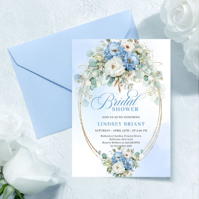 Chic Classic Pastel Blue Floral Gold Bridal Shower Inbjudningar (Classic Pastel Blue Floral Gold Bridal Shower Invitation)