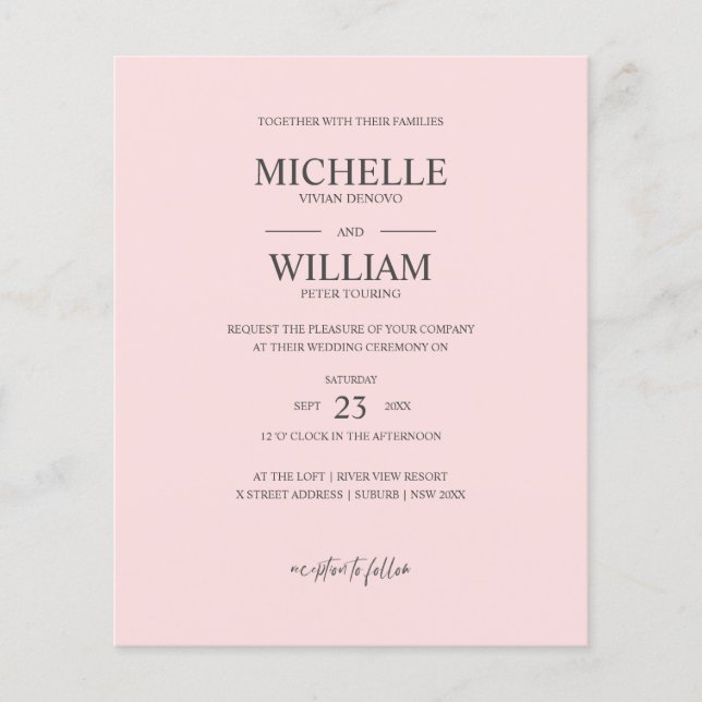 Chic Classic Plain Rosa Elegant Budget Bröllop (Framsida)