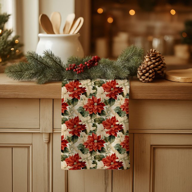 Chic Classic Red and White Poinsettias Christmas  Kökshandduk (Chic Classic Red and White Poinsettias Christmas kitchen towel)