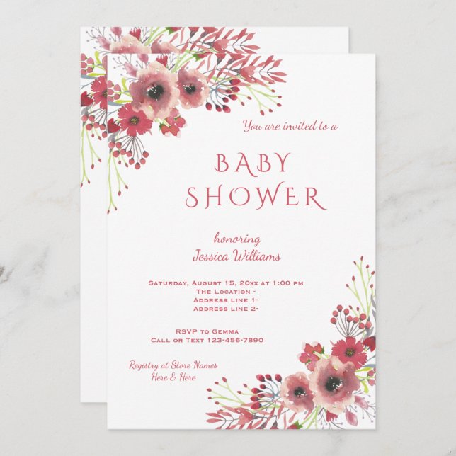 Chic Classy Red Blommigt Watercolor Baby Shower Inbjudningar (Fram/baksida)