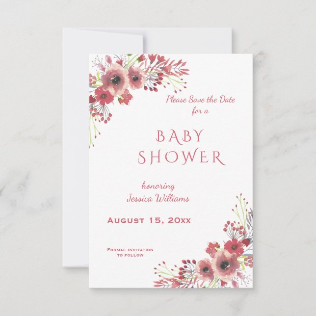 Chic Classy Red Blommigt Watercolor Baby Shower Spara Datumet (Framsida)