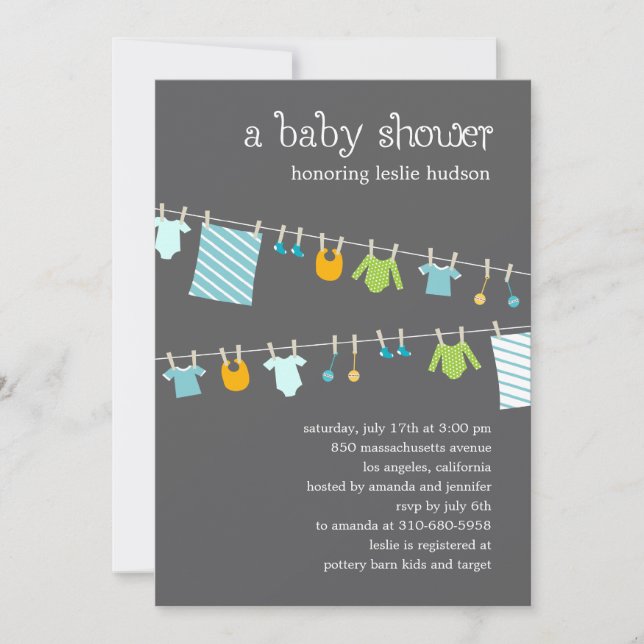Chic Clothesline Baby Shower-inbjudan (Boy) Inbjudningar (Framsida)