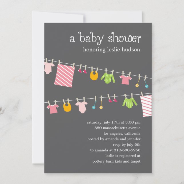 Chic Clothesline Baby Shower-inbjudan (flicka) Inbjudningar (Framsida)