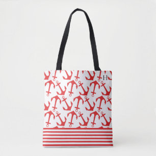 Chic Coastal Red Anchor Mönster Monogram Tygkasse