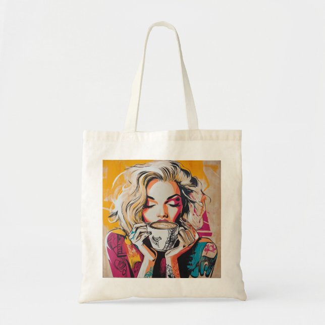 Chic Coffee Älskare Tote - Trendig Woman med kaffe Tygkasse (Framsidan)