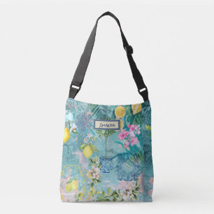 Chic collage blue turquise sicilian citrus blommig axelväska