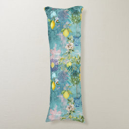 Chic collage blue turquise sicilian citrus blommig kroppskudde