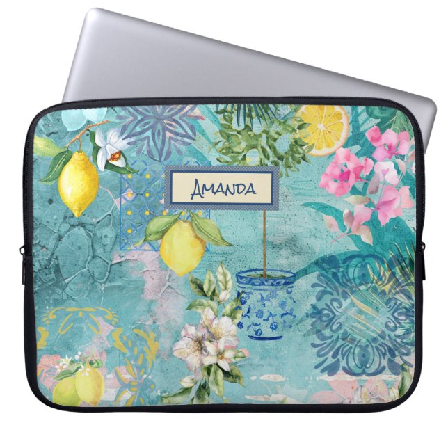 Chic collage blue turquise sicilian citrus blommig laptop fodral (Framsidan)