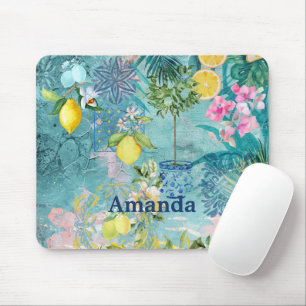Chic collage blue turquise sicilian citrus blommig musmatta