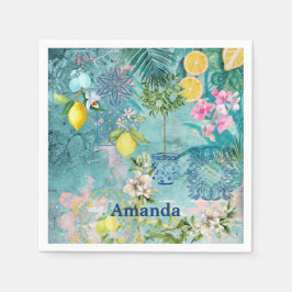 Chic collage blue turquise sicilian citrus blommig pappersservett