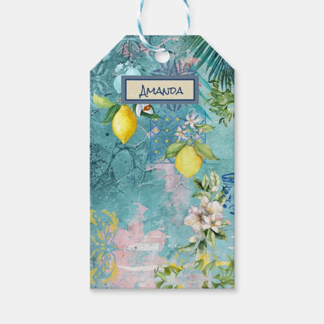 Chic collage blue turquise sicilian citrus blommig presentetikett (Framsidan)