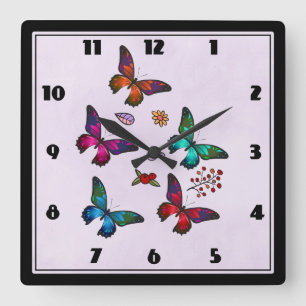 Chic Colorful Butterflies Mönster på pastellRosa Fyrkantig Klocka