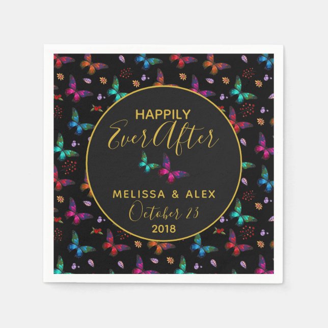 Chic Colorful Butterflies on Black Bröllop Pappersservett (Framsidan)