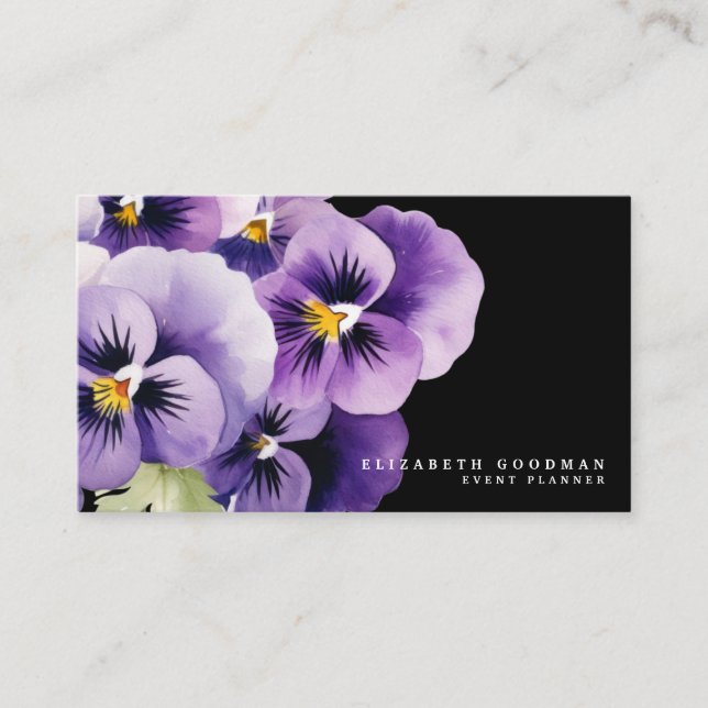 Chic Colorful Vår Pansies Black Affärskort Visitkort (Framsida)