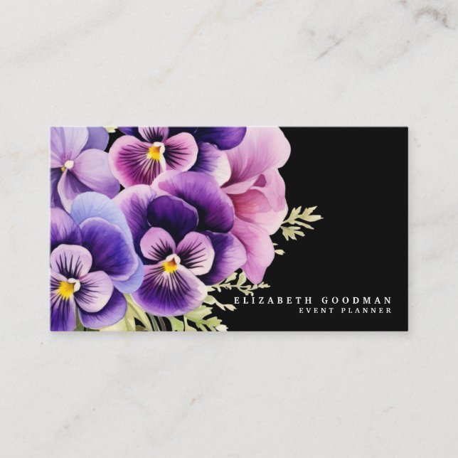 Chic Colorful Vår Pansies Black Affärskort Visitkort (Framsida)
