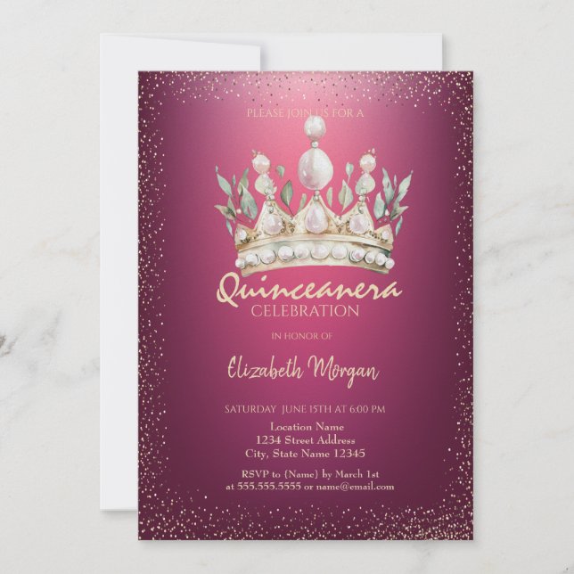 Chic Confetti Watercolor Krona Red Quinceañera Inbjudningar (Framsida)