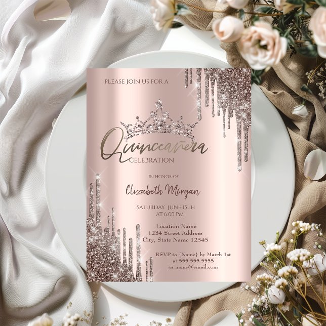 Chic Cool Glitter Krona Drop Quinceañera Inbjudningar (Skapare uppladdad)