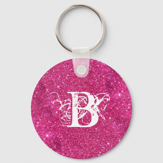Chic Coola Rosa Glitter White Initial Monogram Nyckelring (Framsida)