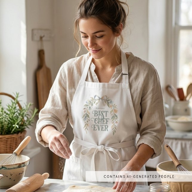 Chic Coquette Blommig Bästa Kocken Någonsin Presen Långt Förkläde (Chic Coquette Best Chef Ever Apron with Elegant Pastel Floral Wreath Watercolor Effect.)
