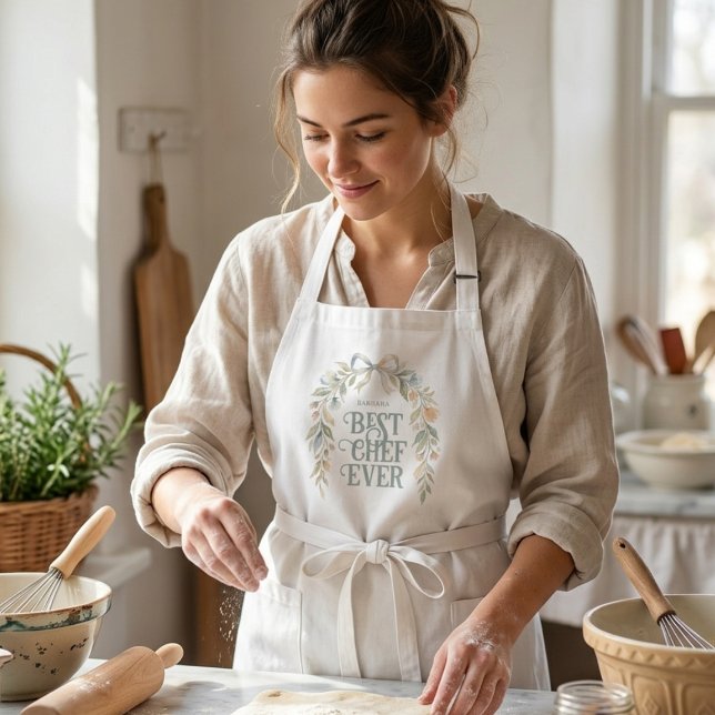 Chic Coquette Blommig Bästa Kocken Någonsin Presen Långt Förkläde (Chic Coquette Best Chef Ever Apron with Elegant Pastel Floral Wreath Watercolor Effect.)