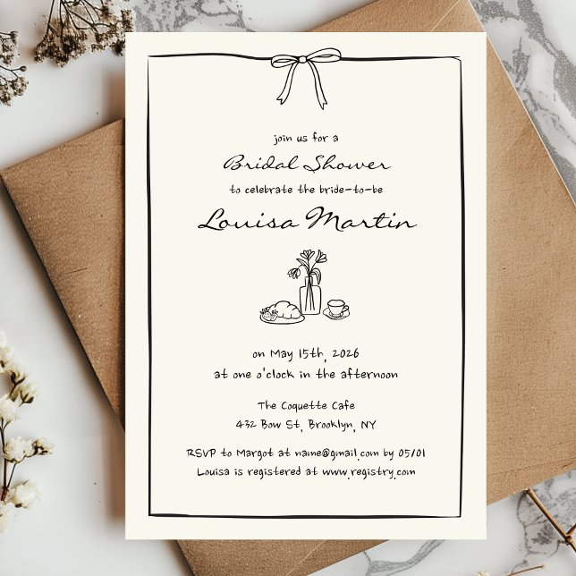 Chic Coquette Bow Möhippa Brunch Inbjudningar (Celebrate the bride with this stylish invitation featuring a bow and hand drawn bridal brunch scene!)