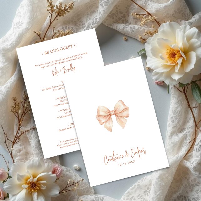 Chic Coquette Rosa Rosett Bröllop TLW26 Inbjudningar (Chic Coquette White and Blush Pink Watercolor Effect Bow Wedding Invitation.)
