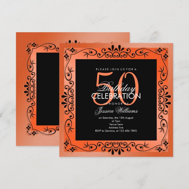 Chic Coral Decorative Framed 50:e födelsedagen Inbjudningar (Fram/baksida)