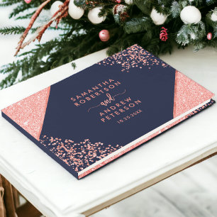 Chic Coral glitter konetti marinblått bröllop Gästböcker