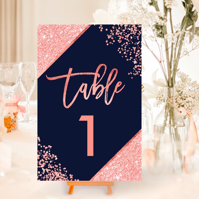 Chic coral glitter, skript marint bordsnummer (Chic coral glitter script navy blue table number)