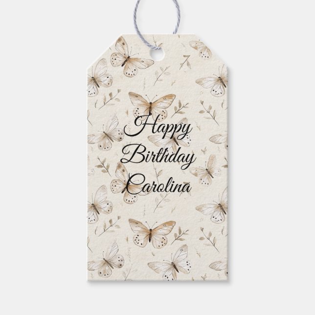 Chic Cream Butterflies Birthday Presentetikett (Framsidan)