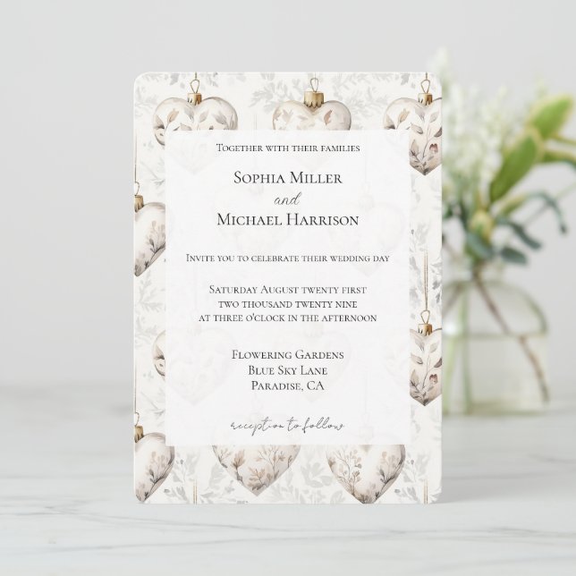 Chic Cream Grey Hearts Ornaments Wedding Inbjudningar (Stående Fram)