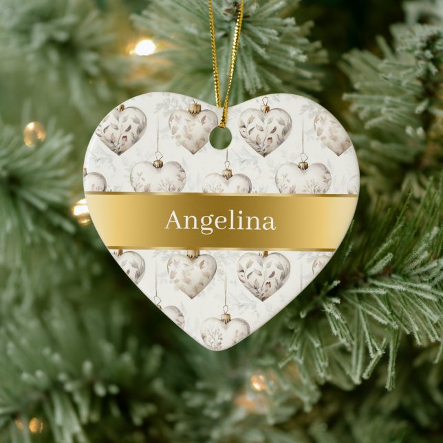 Chic Cream Hearts Gold Ribbon Christmas Julgransprydnad Keramik (Träd)