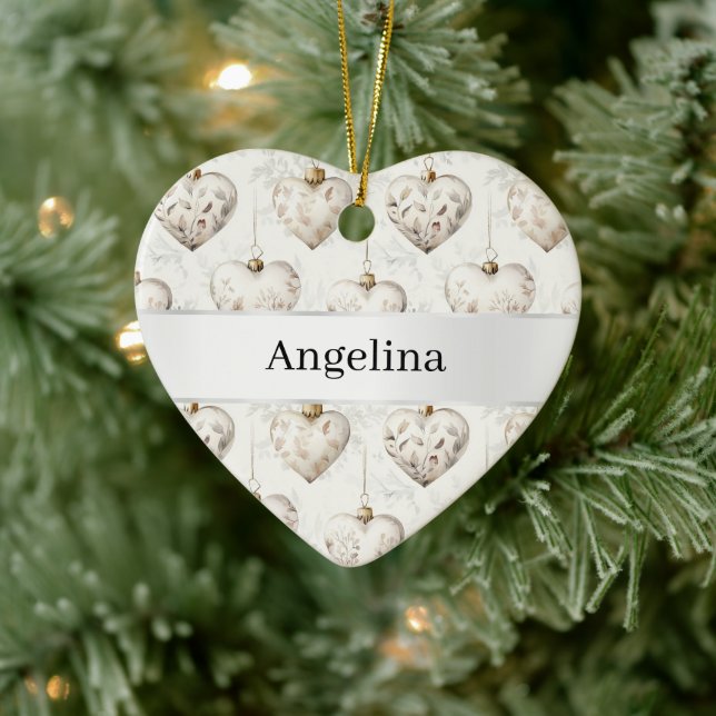 Chic Cream Hearts Silver Ribbon Christmas Julgransprydnad Keramik (Träd)